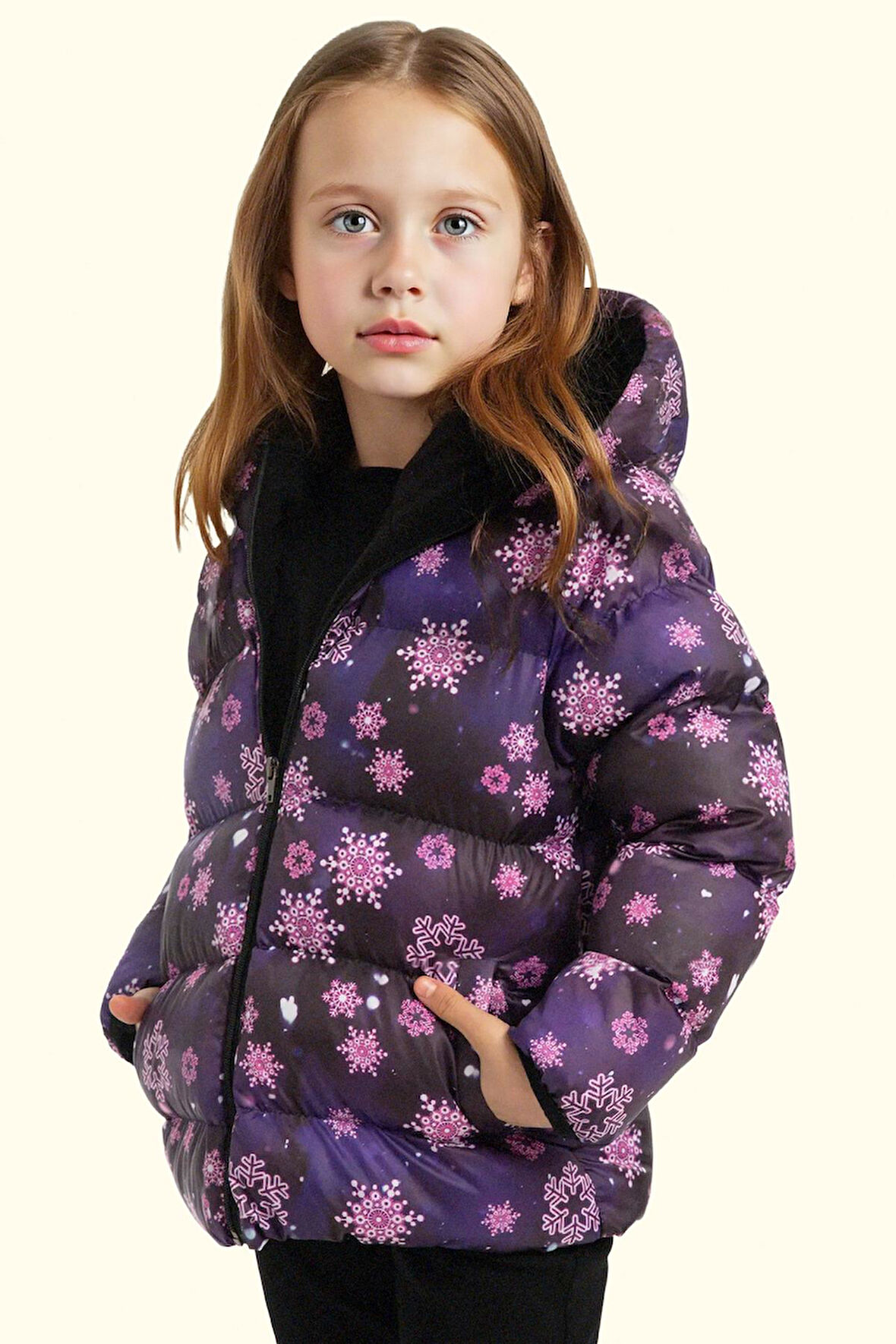 Kız Çocuk Pusula Desen Polar Su Ve Rüzgar Geçirmez Kapüşonlu Şişme Kışlık Mont