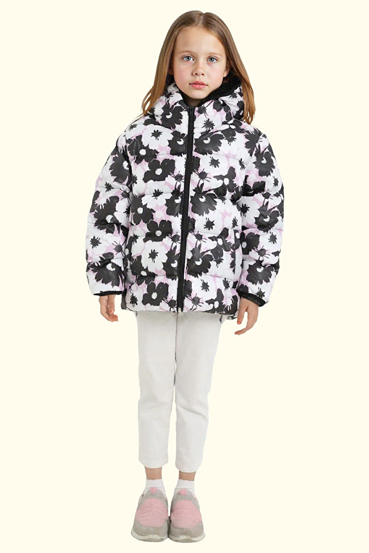 Kız Çocuk Pusula Desen Polar Su Ve Rüzgar Geçirmez Kapüşonlu Şişme Kışlık Mont