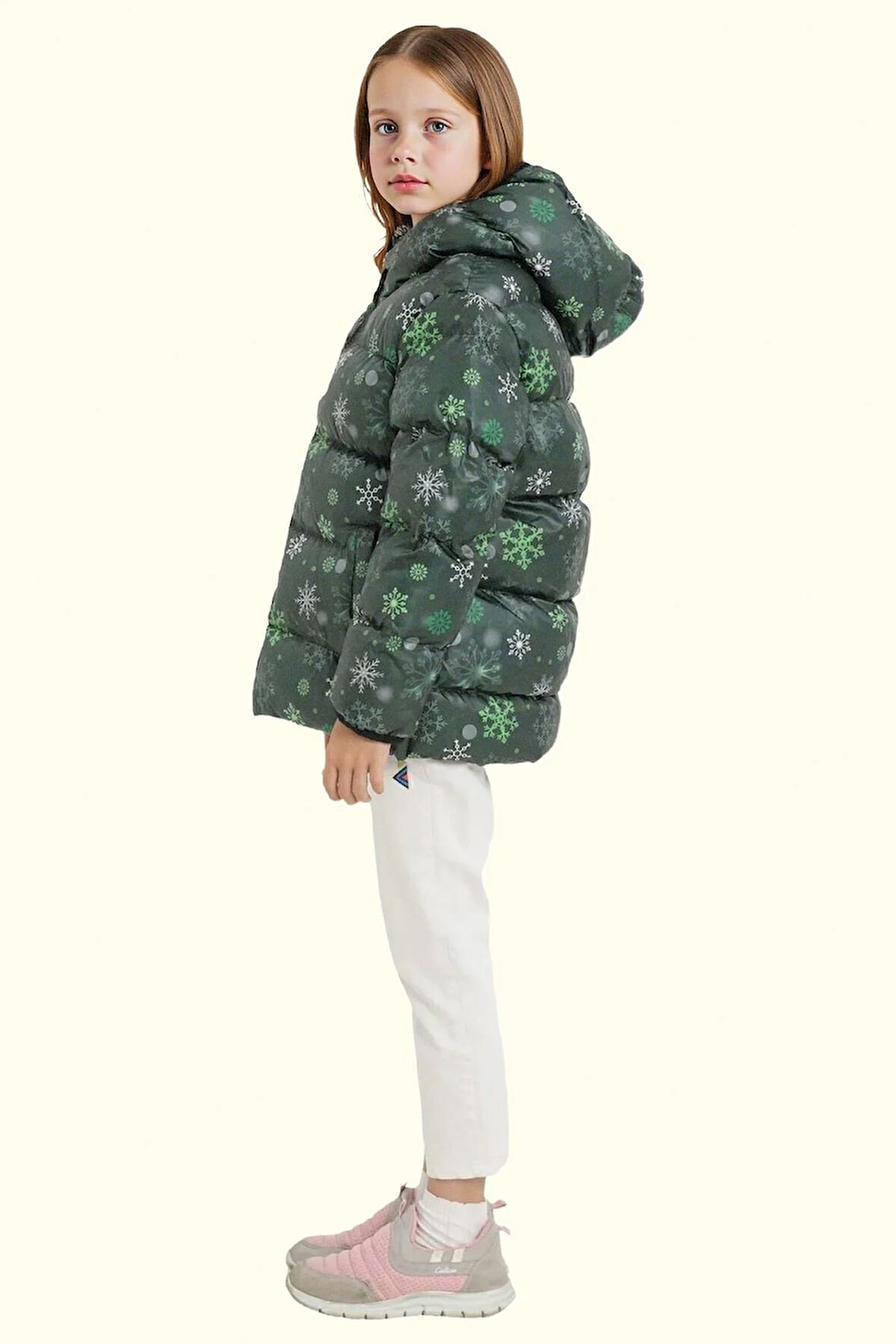 Kız Çocuk Pusula Desen Polar Su Ve Rüzgar Geçirmez Kapüşonlu Şişme Kışlık Mont