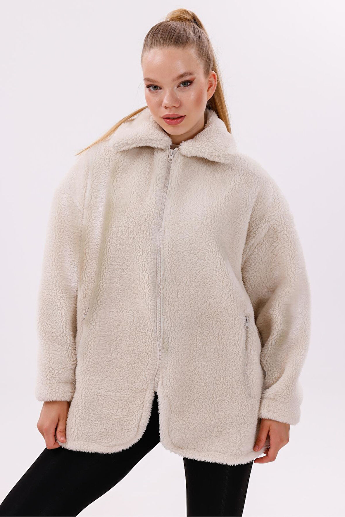 Kadın Peluş Rüzgar Geçirmez Welsoft Çift Kışlık Mont Kaban