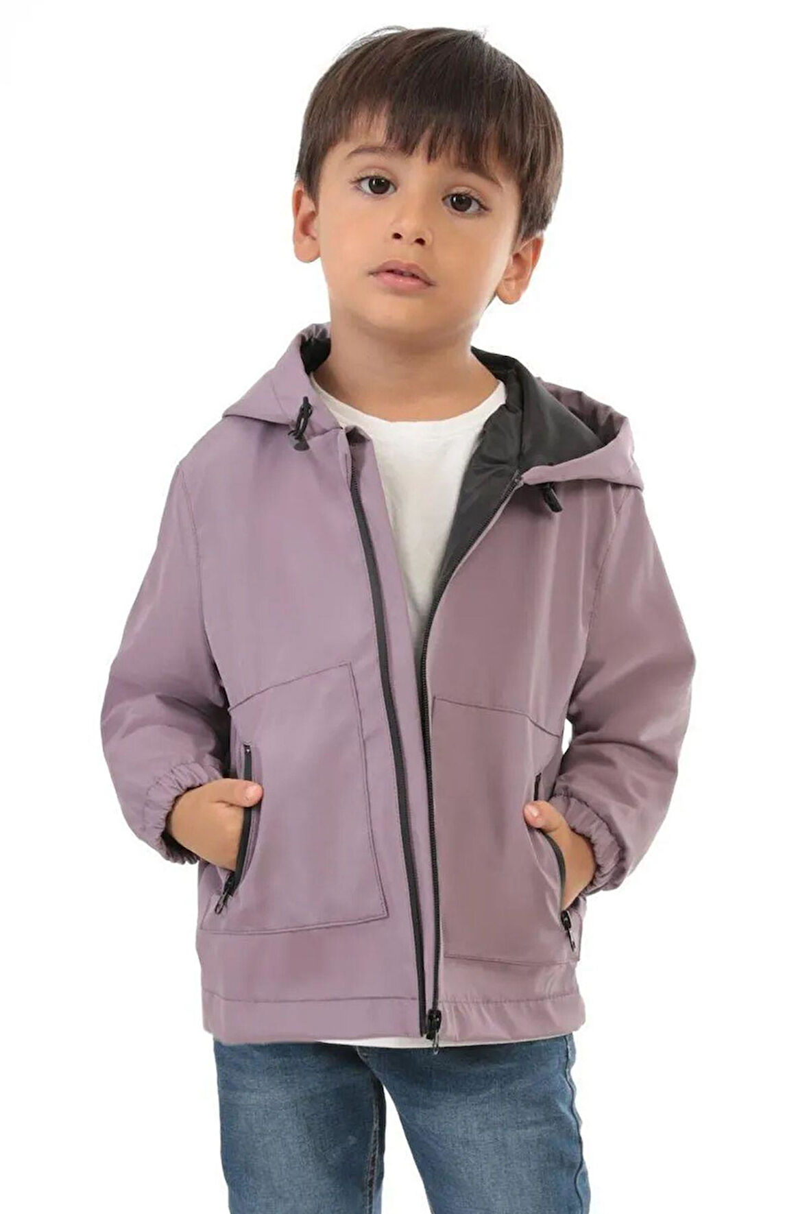 Erkek Çocuk Astarlı Su Ve Rüzgar Geçirmez Kapüşonlu Çift Fermuarlı Yağmurluk