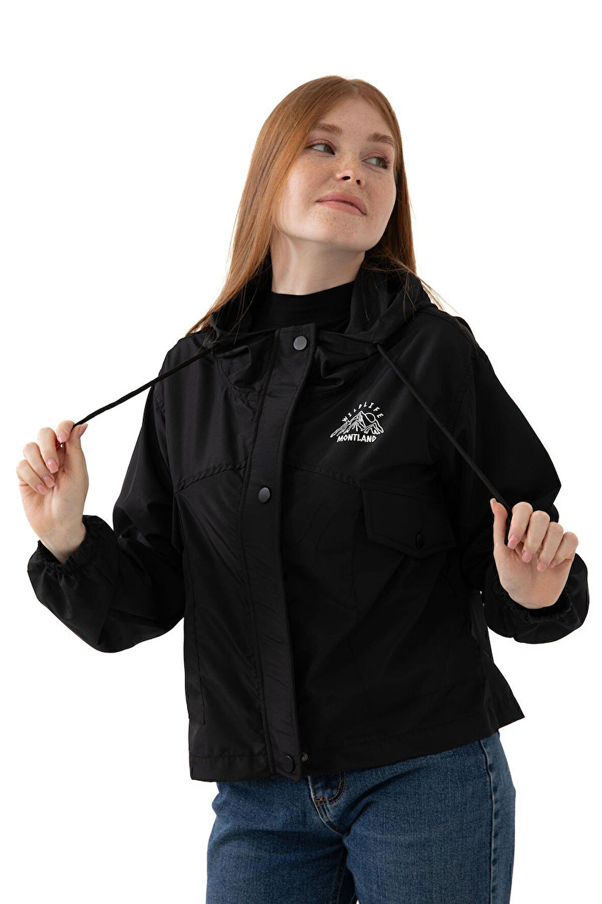 Spor Kadın Pudra Su Geçirmez Ve Rüzgara Dayanıklı Kapüşonlu Cepli Çıt Çıtlı Mevsimlik Yağmurluk