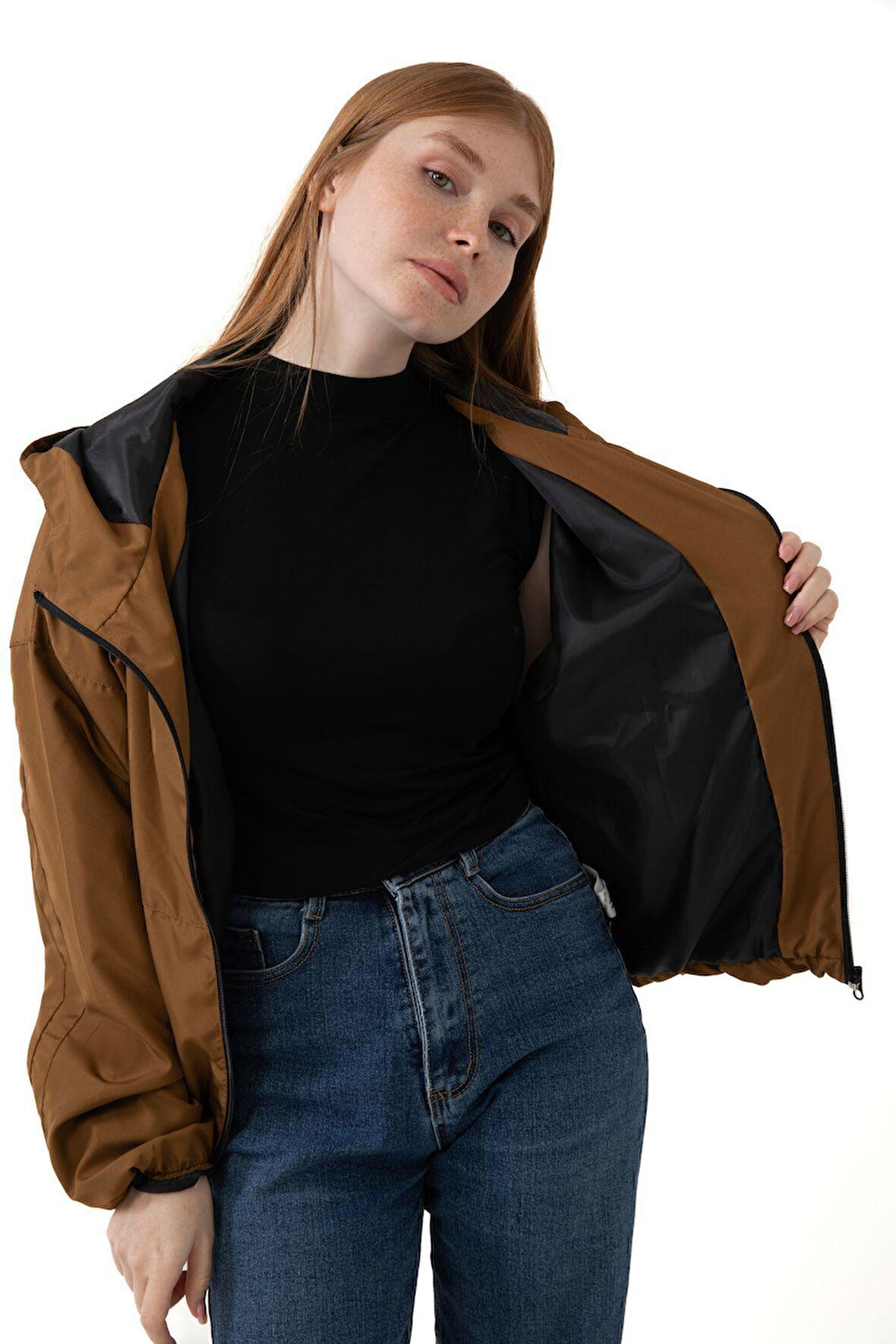 Spor Kadın Taba Kapüşonlu Su ve Rüzgar Geçirmez Cepli İçi Astarlı Oversize Mevsimlik Yağmurluk