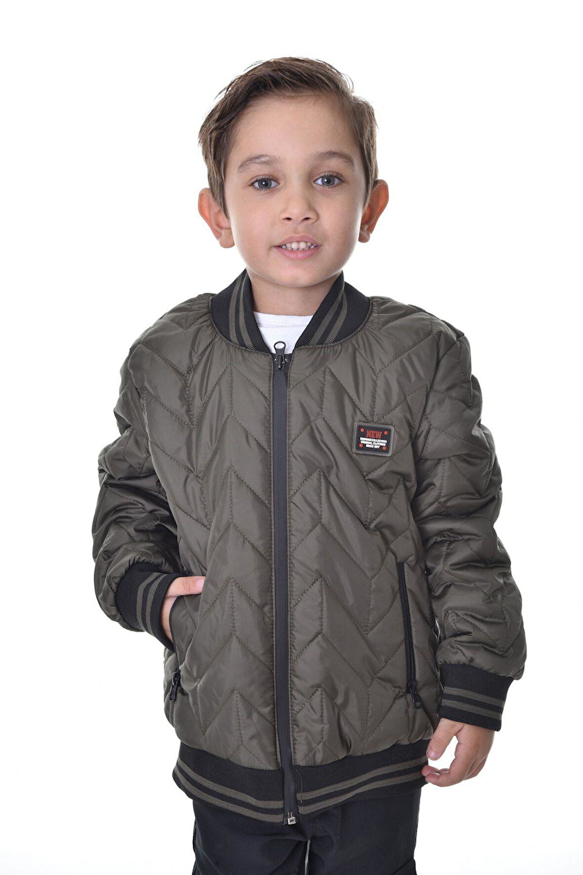 Spor Erkek Spor Çocuk Haki Kolej Yaka  Astarlı Su ve Rüzgar Geçirmez Fermuarlı Cep Mont Ceket