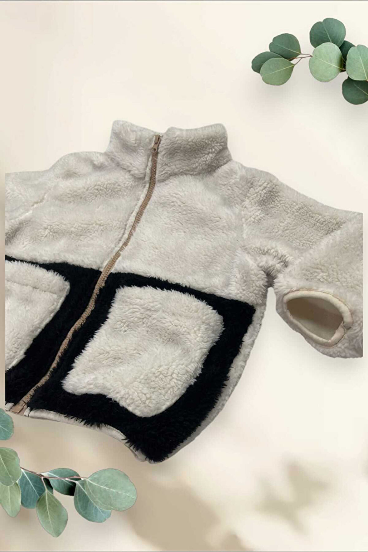 Spor Kız Spor Çocuk Peluş Siyah Ekru Cepli Fermuarlı Welsoft  Mont