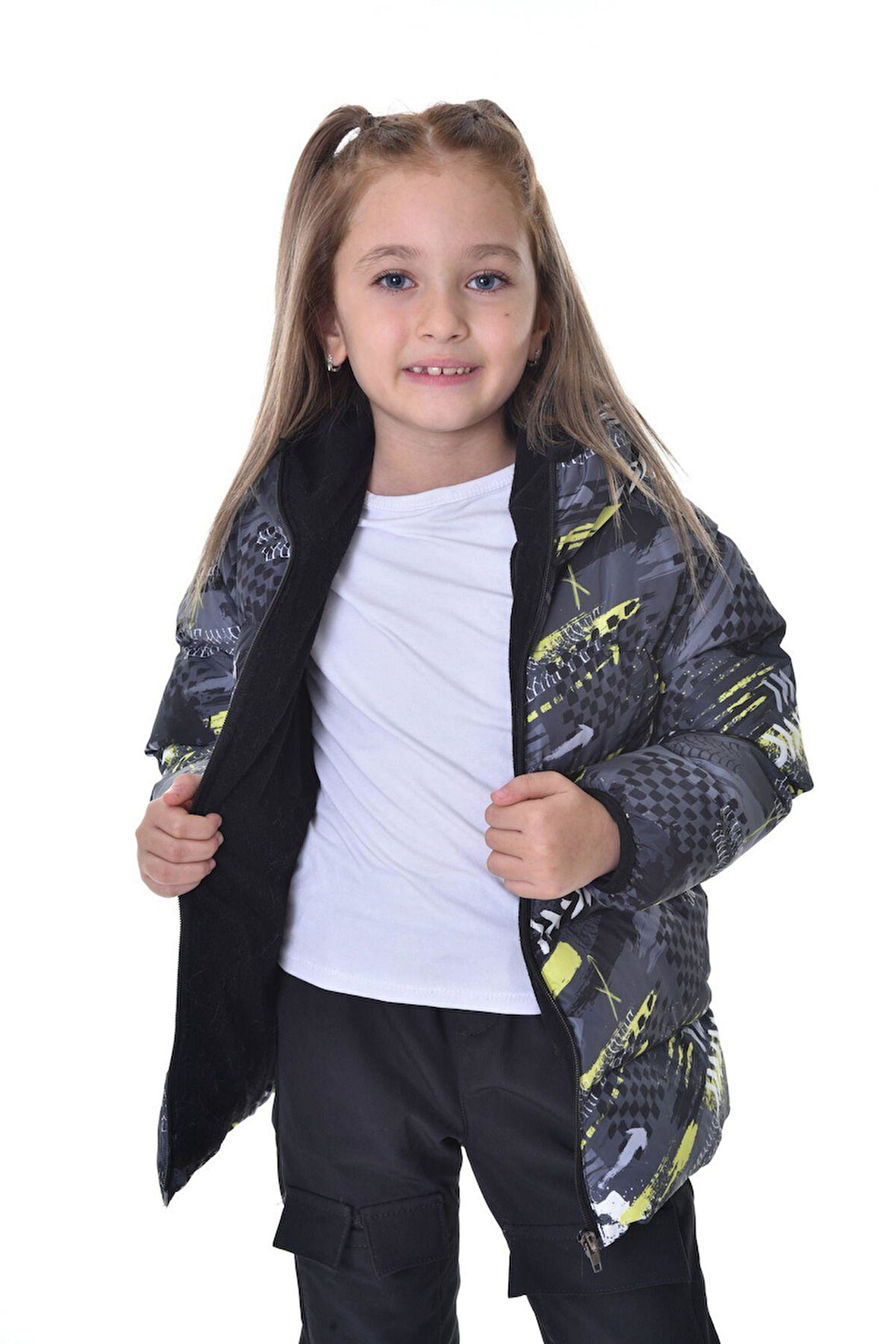Spor Kız Spor Çocuk Siyah Yeşil Dijital Desen  Polar Su ve Rüzgar Geçirmez Kapüşonlu   Mont