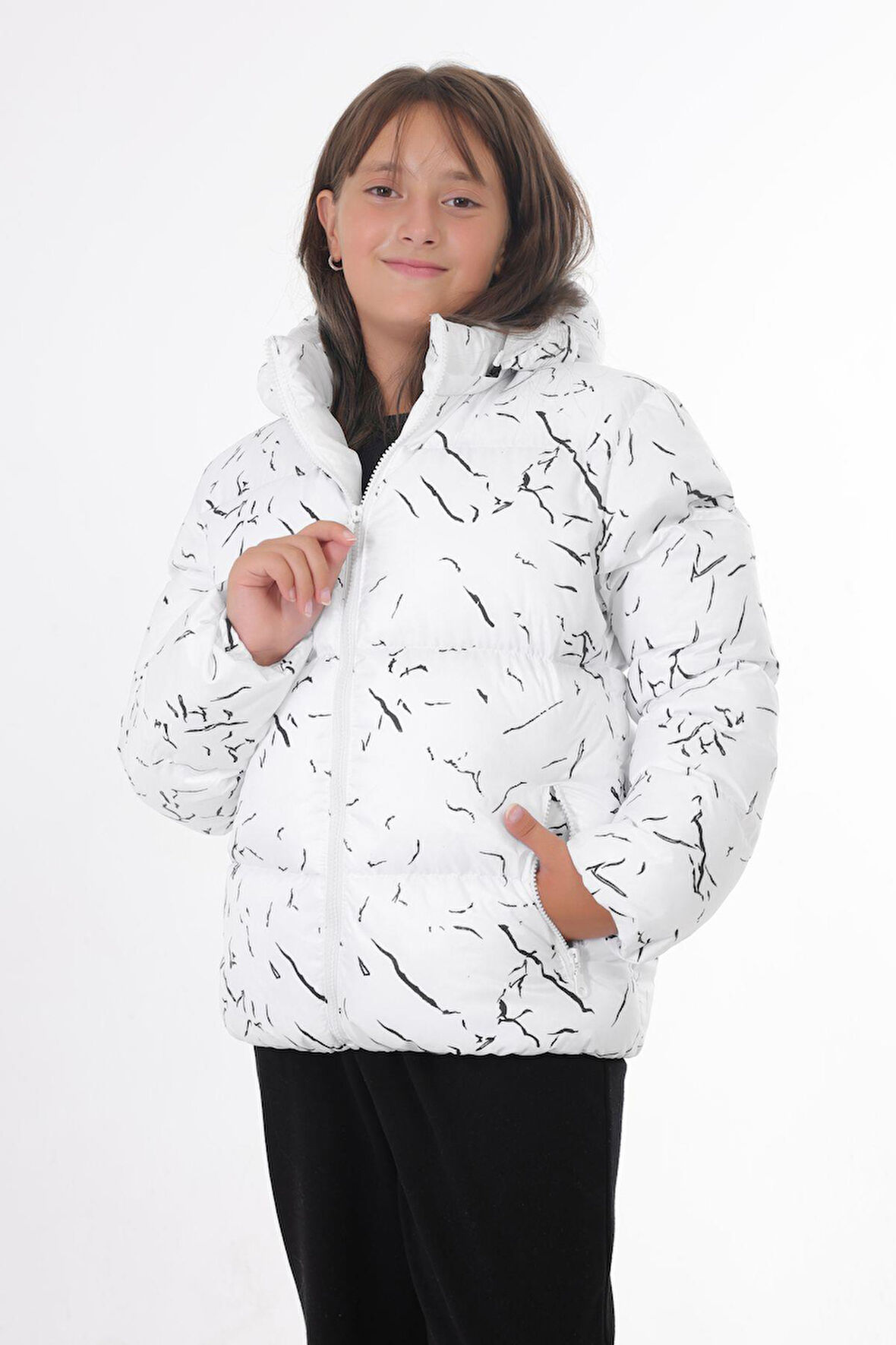 Spor Kız Spor Çocuk Beyaz Çıkabilir Kapüşonlu Su ve Rüzgar Geçirmez Cepli   Mont & Kaban & Parka