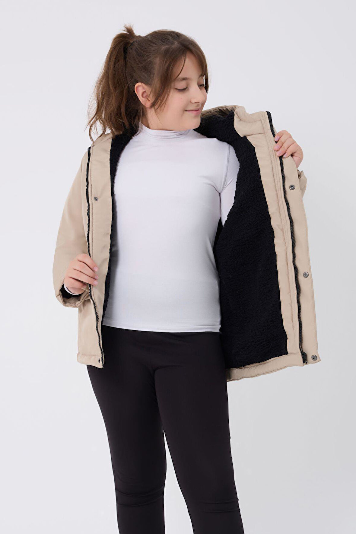 Spor Kız Spor Çocuk Taş  Kürklü Su ve Rüzgar Geçirmez Kapüşonlu 3 Cep  Mont & Kaban & Parka