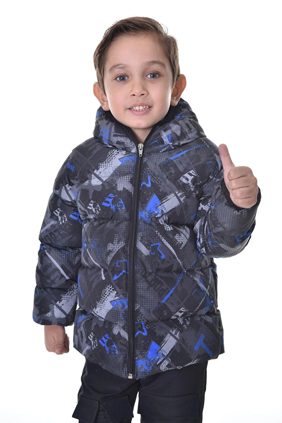 Spor Erkek Spor Çocuk Saks Antrasit Dijital Desen  Polar Su ve Rüzgar Geçirmez Kapüşonlu   Mont
