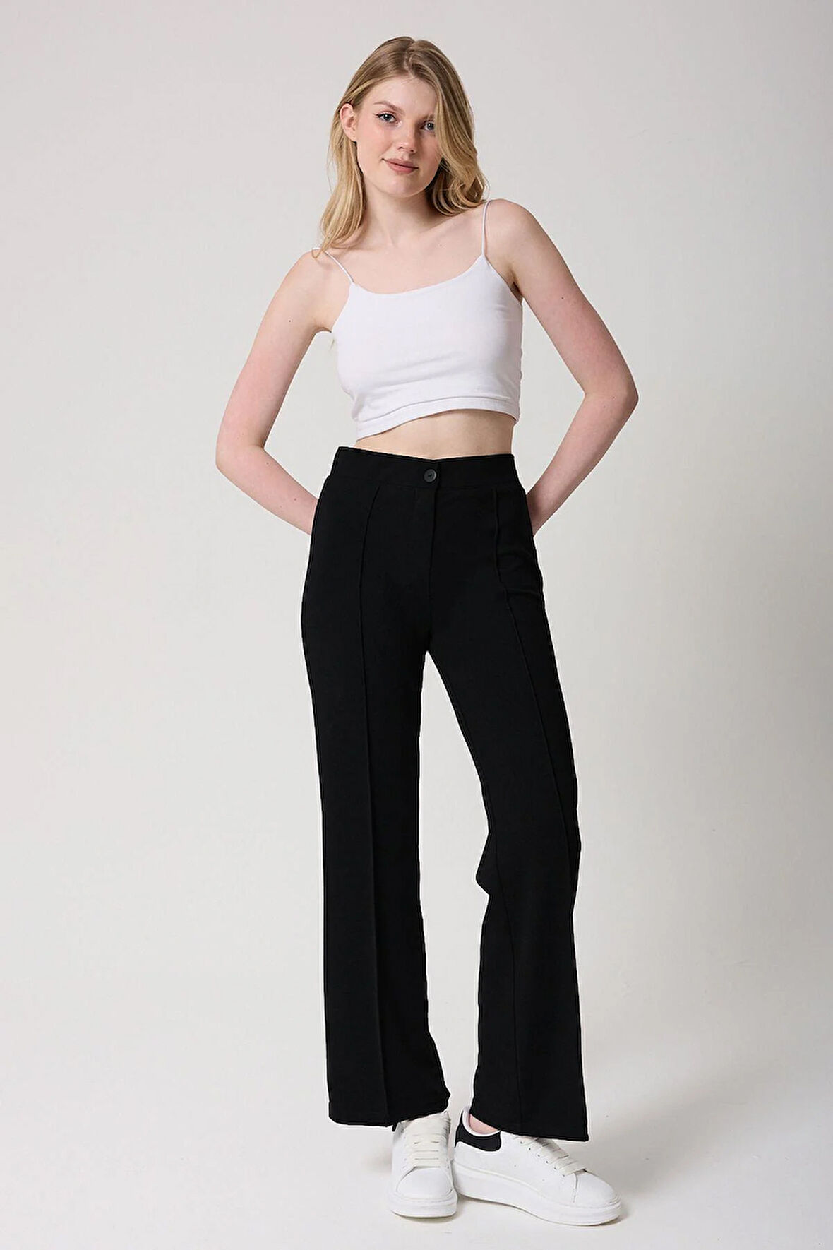 Kadın Yüksek Bel Bej Toparlayıcı İspanyol Paça Palazzo Pantolon