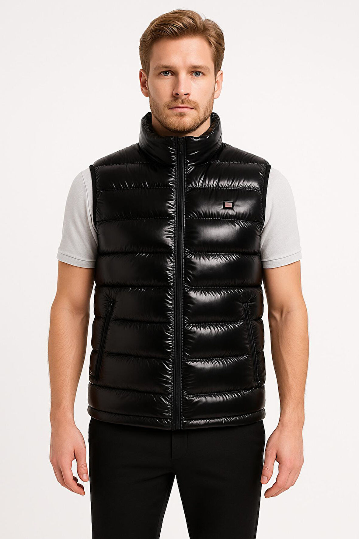 Erkek Siyah Parlak Kumaş Şişme Yelek