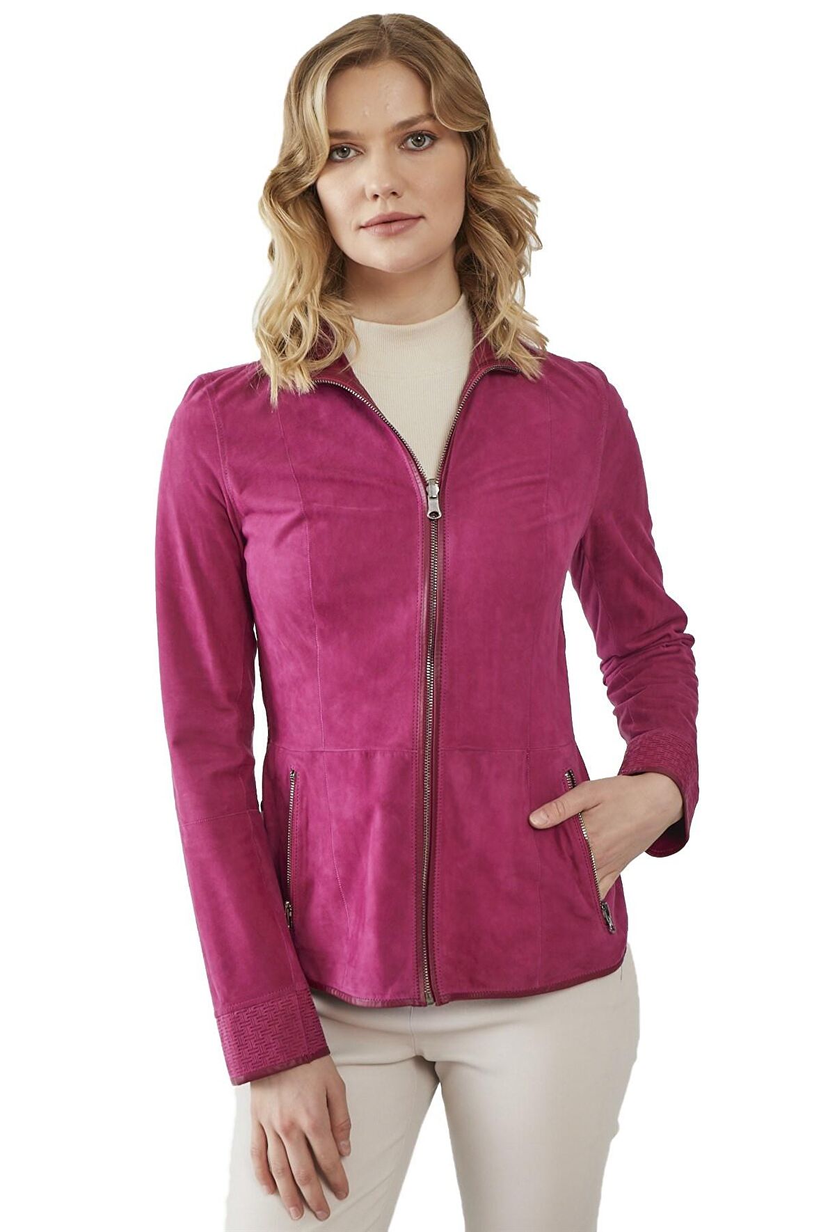 Aisha Koyu Pembe Kadın Çift Taraflı Süet Mont