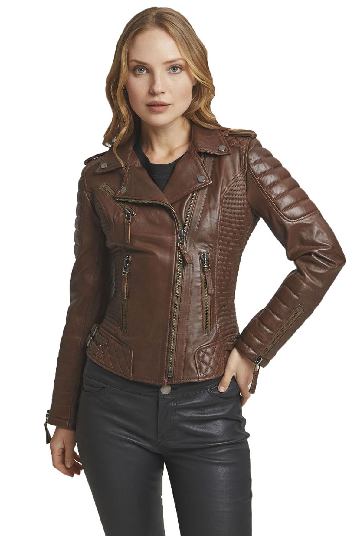 Konyak Laney Biker Motorcu Kadın Fermuarlı Astarlı Dikişli Apoletli Kısa Hakiki Deri Ceket