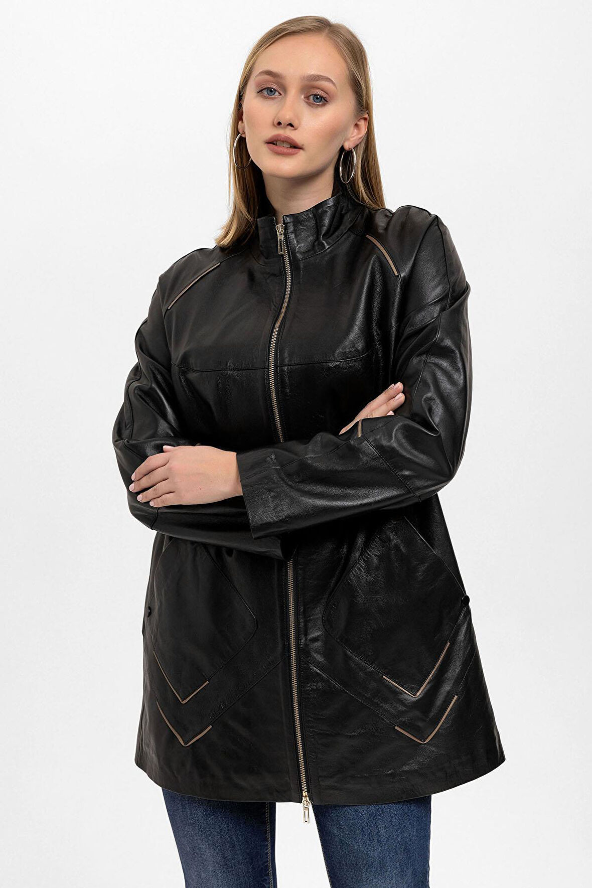 Siyah Lena Fermuarlı Geniş Kesim Uzun Kadın Hakiki Deri Kaban