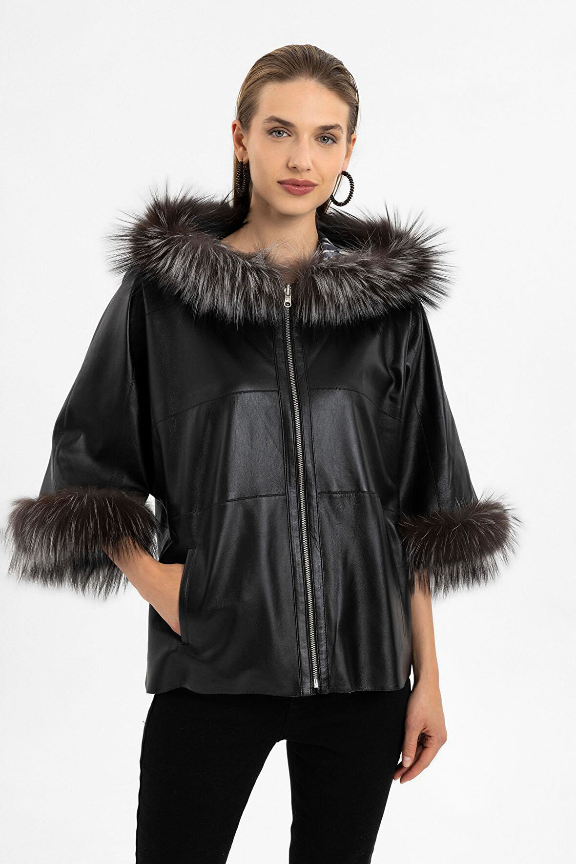 Lulu Siyah Panço Çift Taraflı Hakiki Deri Mont