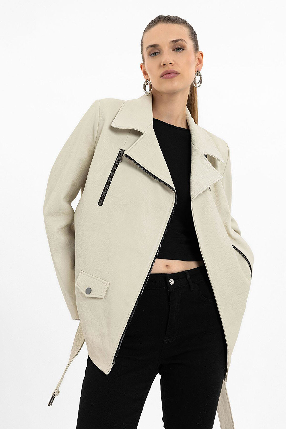 Beyaz Daisy Yandan Fermuarlı Beli Tokalı Kemerli Hakiki Deri Kadın Mont