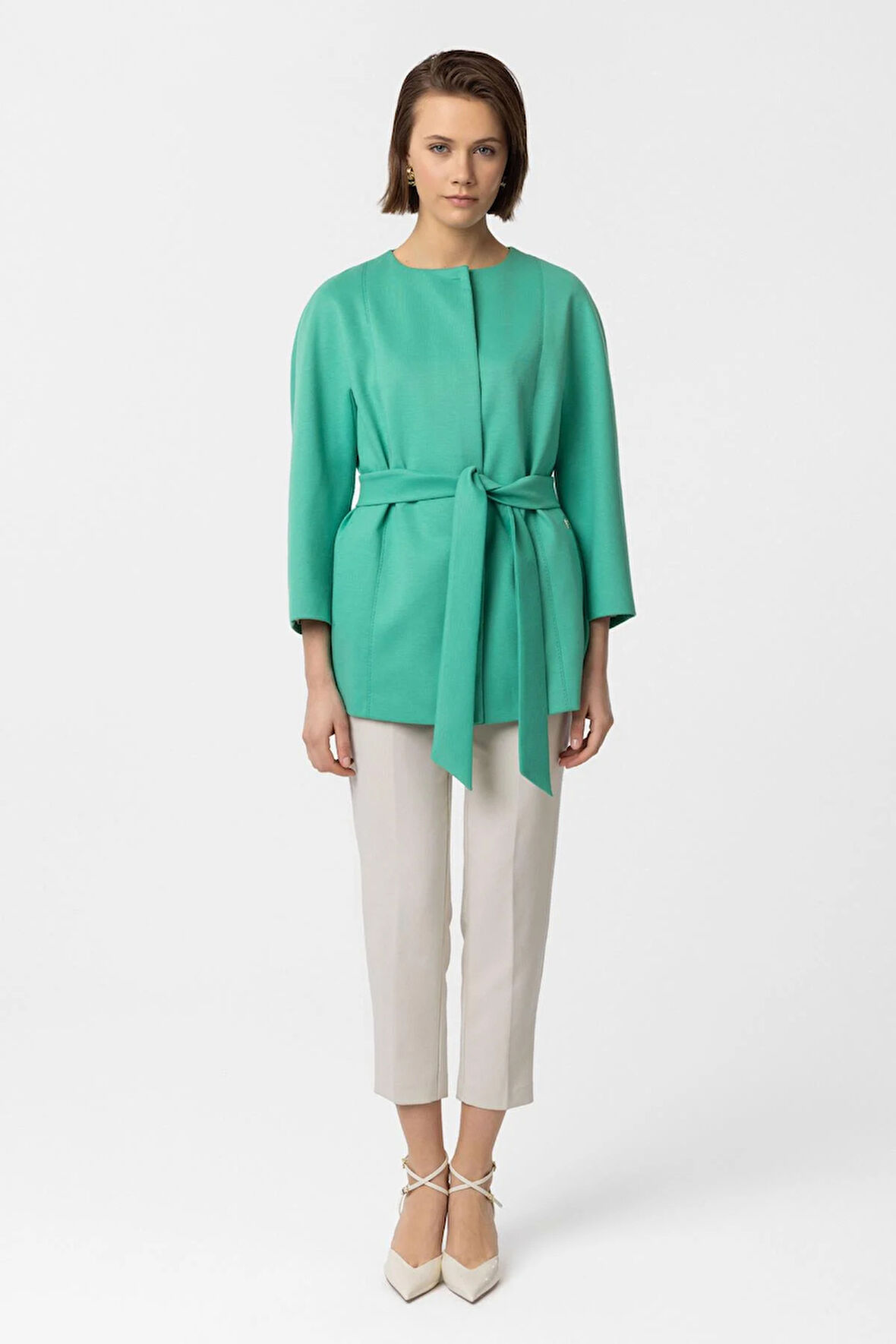 Yeşil Jadira Çıt Çıt Kapamalı Kemerli Truvakar Kol Kumaş Kaban