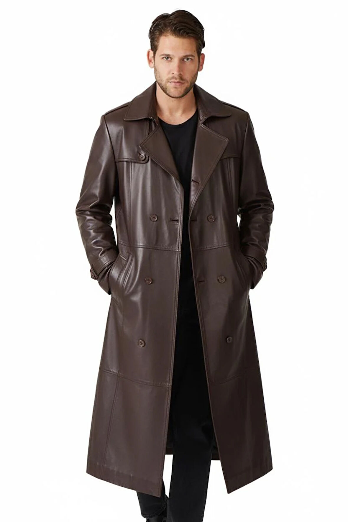 Kahverengi Matrix Hakiki Deri Kruvaze Düğme Kapamalı Yırtmaçlı Astarlı Kemerli Trençkot Erkek Kaban