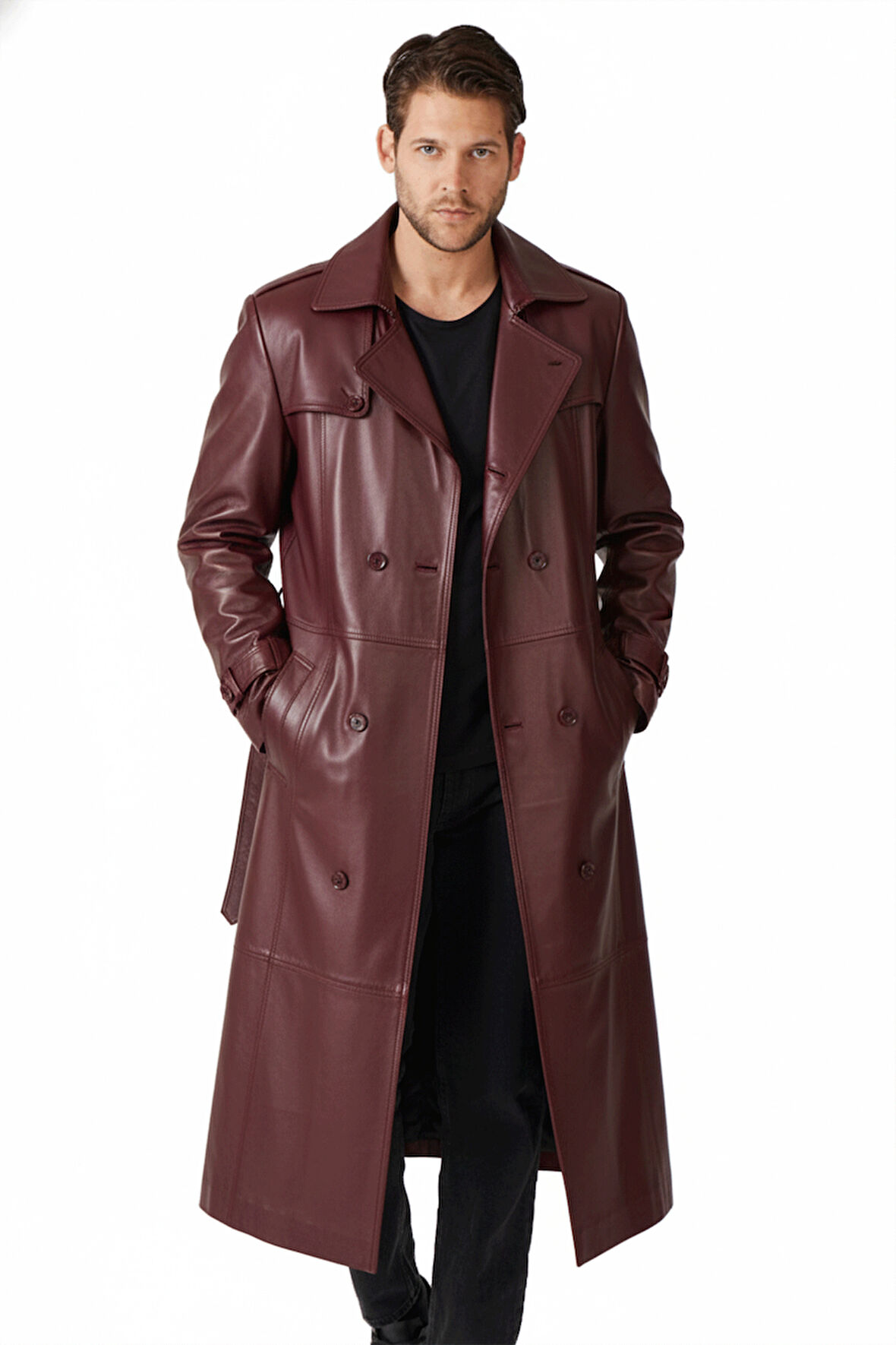 Bordo Matrix Hakiki Deri Kruvaze Düğme Kapamalı Yırtmaçlı Astarlı Kemerli Trençkot Erkek Kaban