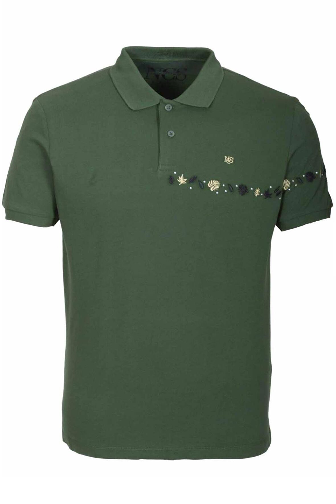 Erkek Polo Yaka Tişört Koyu Yeşil %100 Pamuk Slim Fit Ribanalı Kol Nakışlı T-shirt NCS JEANS 1169