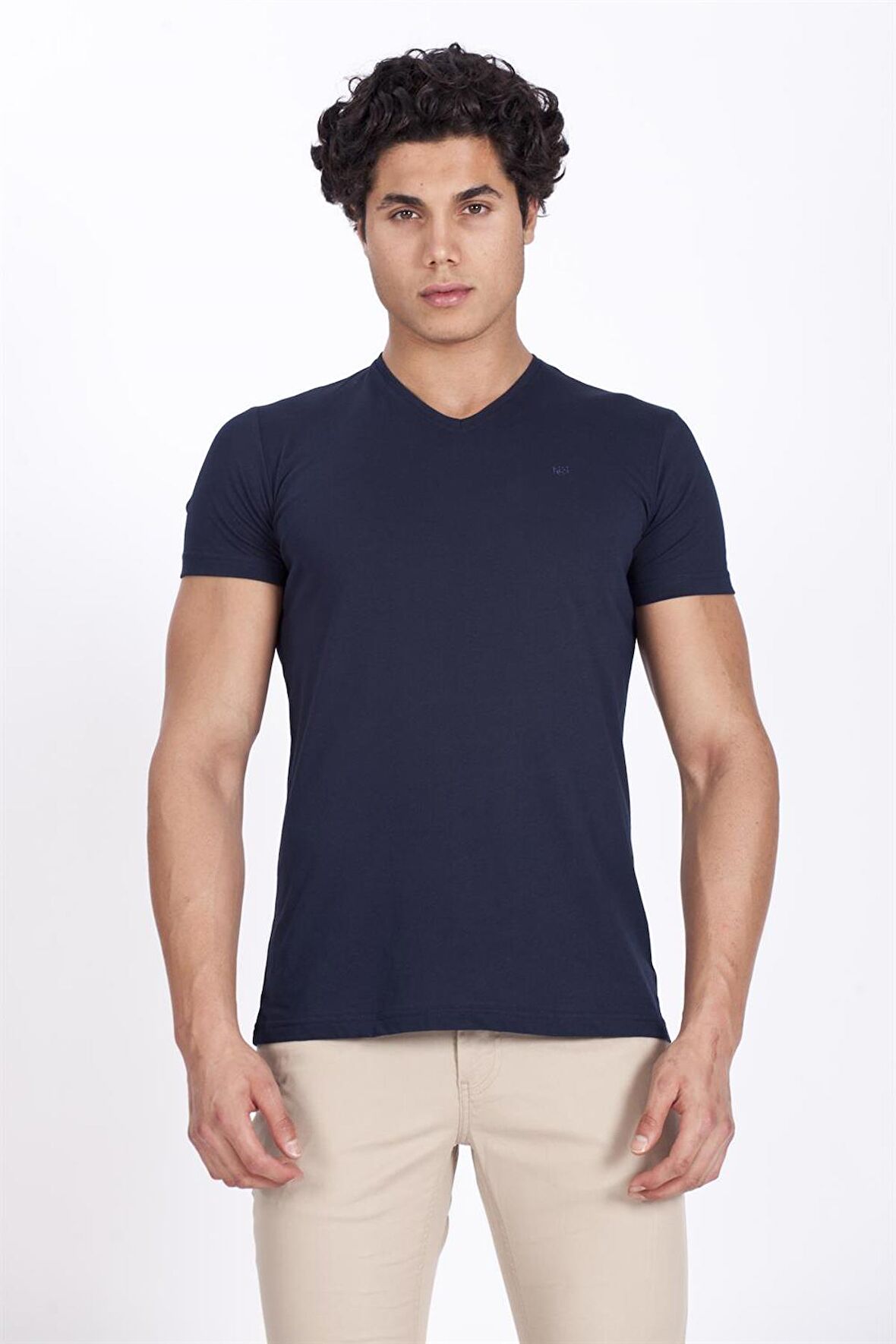 Erkek Lacivert V Yaka Düz Tshirt % 100 Pamuk Compact Penye 1051