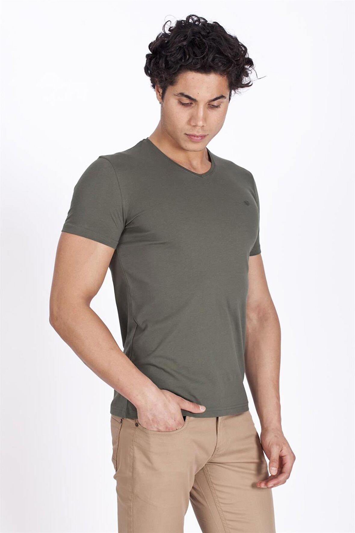 Erkek Haki V Yaka Düz Tshirt % 100 Pamuk Compact Penye 1051