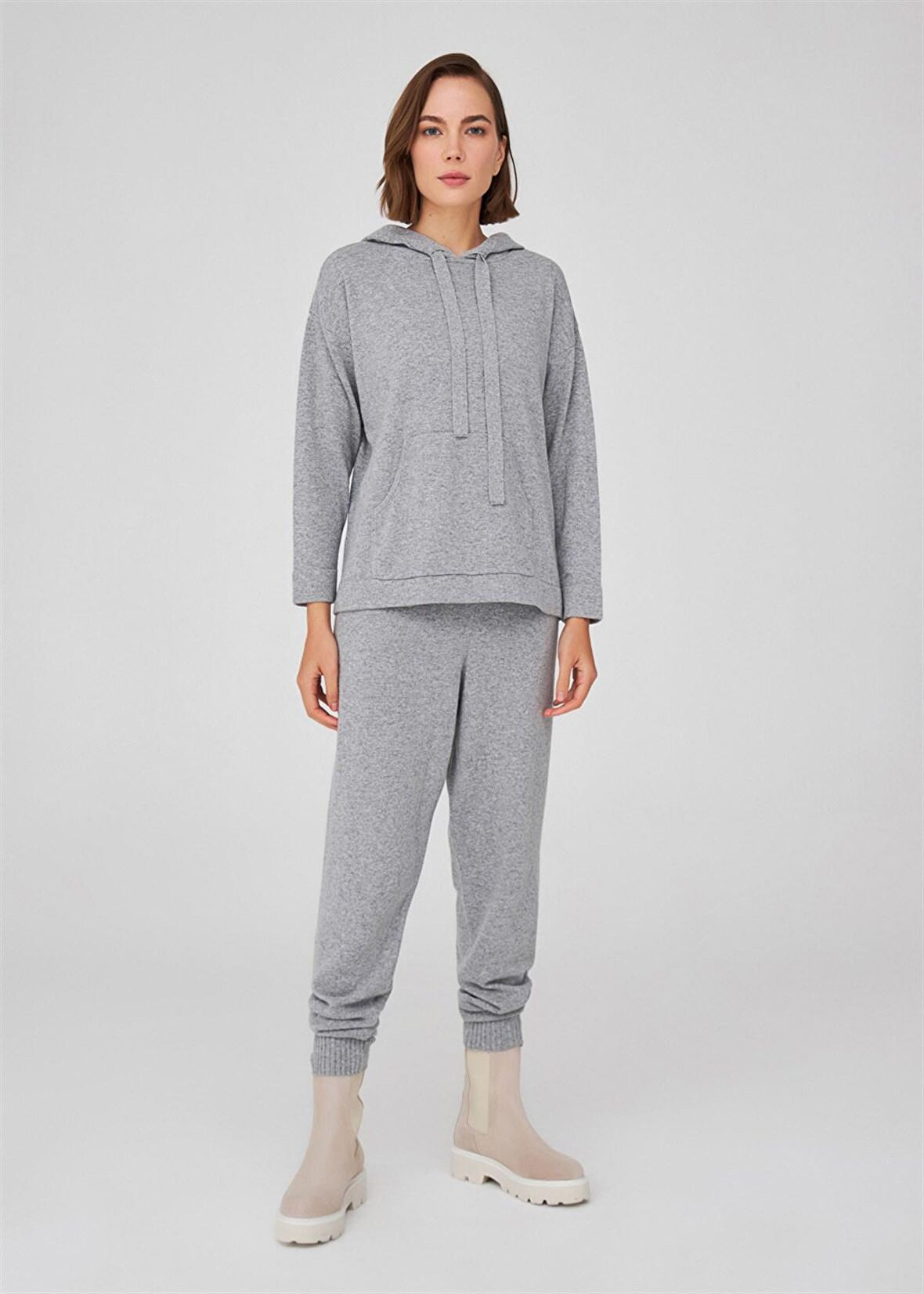 Peraluna Kaşmir Karışım Kapüşonlu Bol Kesim Kadın Triko Kazak Gri Melanj