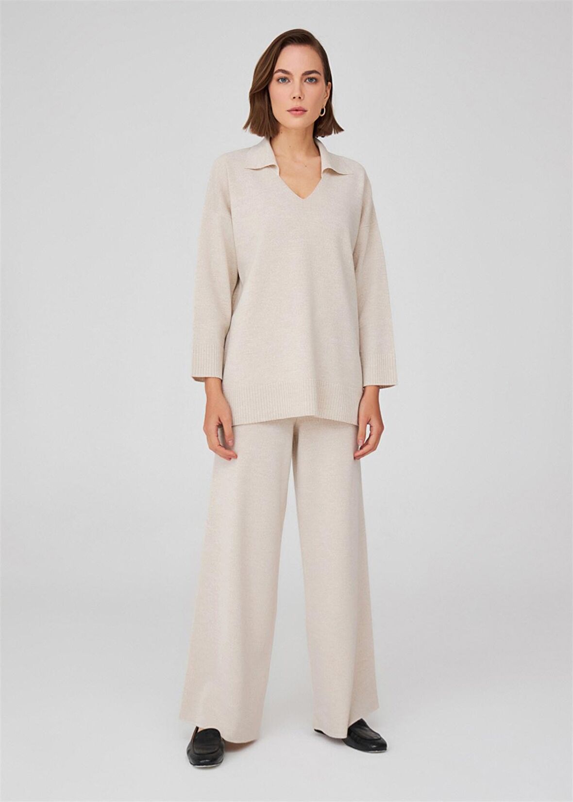 Peraluna Polo V Yaka Bol Kesim Kadın Triko Kazak Ekru Melanj