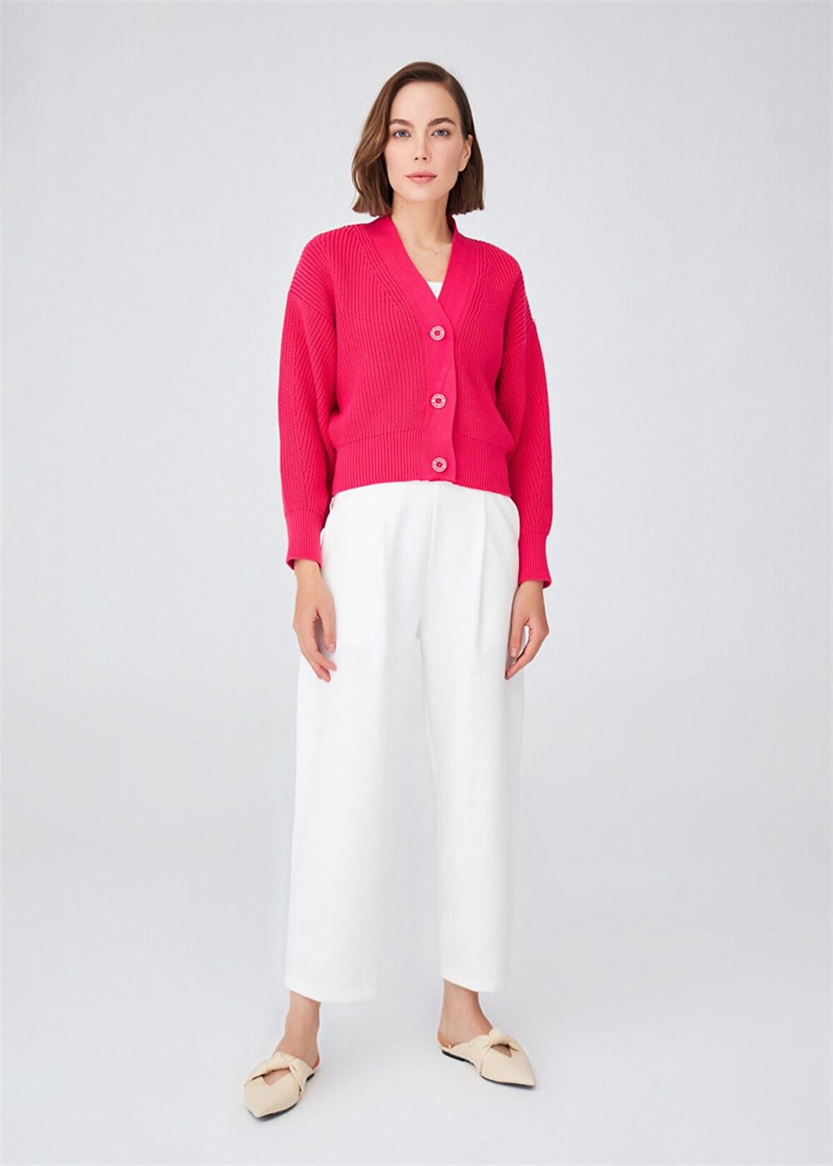 Peraluna Selanik Örgü %100 Pamuk V Yaka Kalın Hırka Azalea Pink