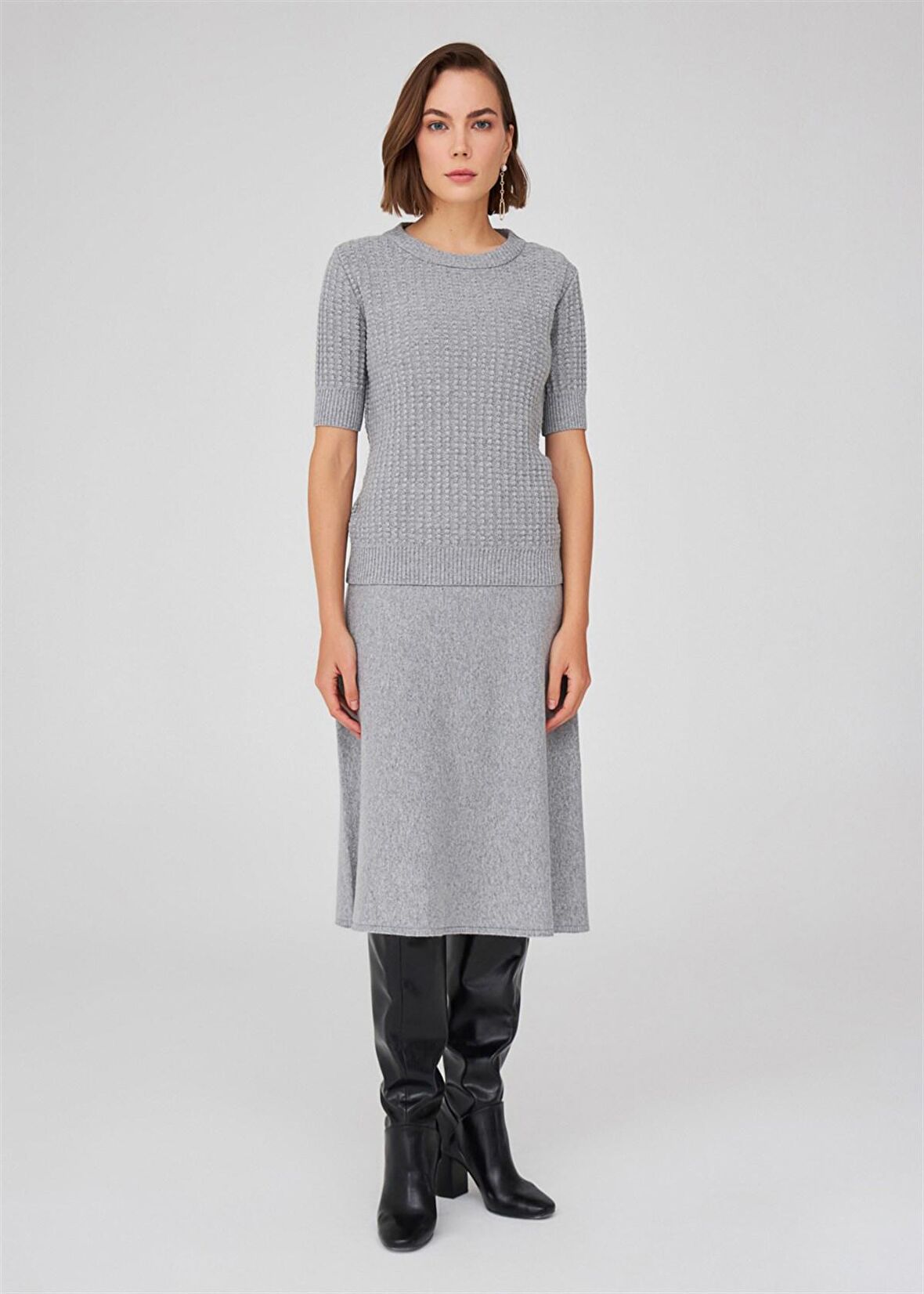 Peraluna Bisiklet Yaka Yarım Kol Kaşmir Karışım Kadın Triko Bluz Gri Melanj