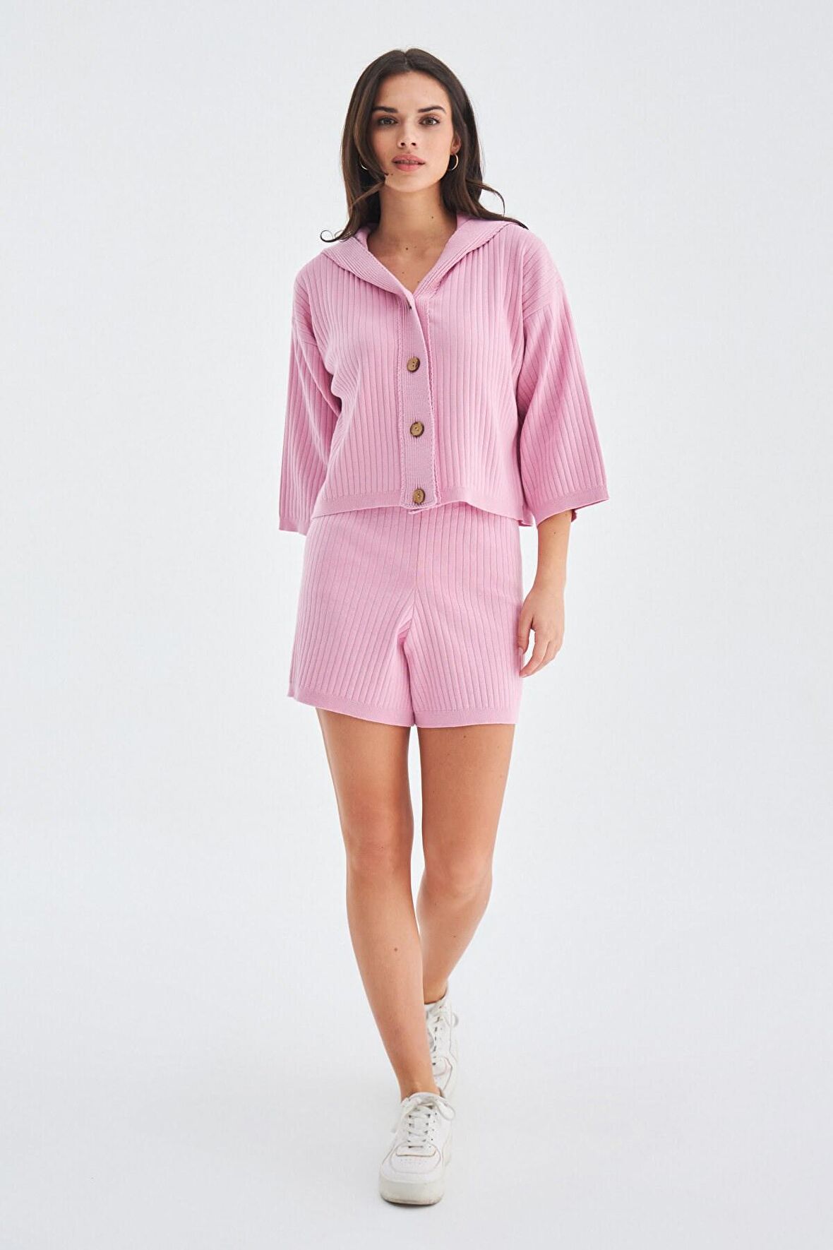 Peraluna MUJO CARDIGAN & SHORTS %100 Pamuk Kadın Triko Şort Takım Şeker Pembe