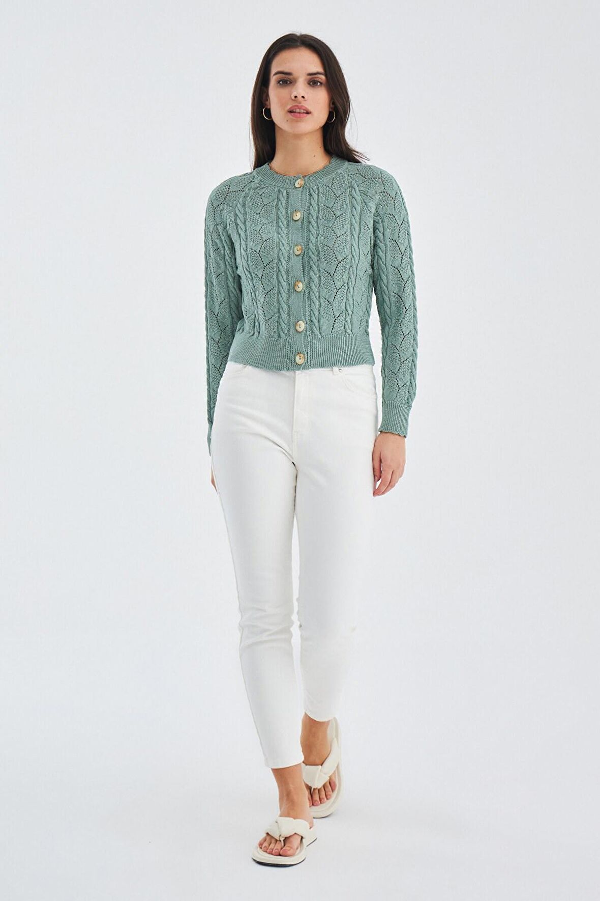 Peraluna ELLA CARDIGAN Ajur Detaylı Yazlık Düğmeli Kadın Triko Hırka Nil Yeşil