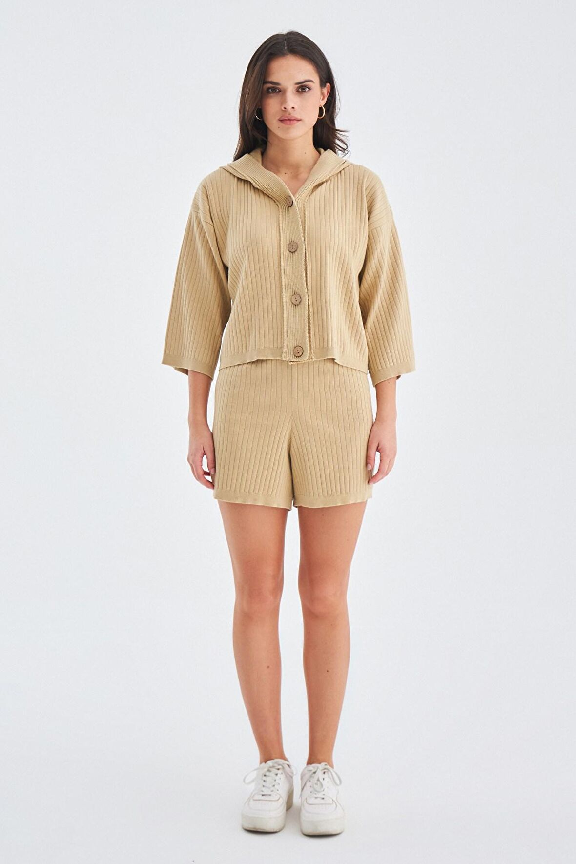 Peraluna MUJO CARDIGAN & SHORTS %100 Pamuk Kadın Triko Şort Takım Bej
