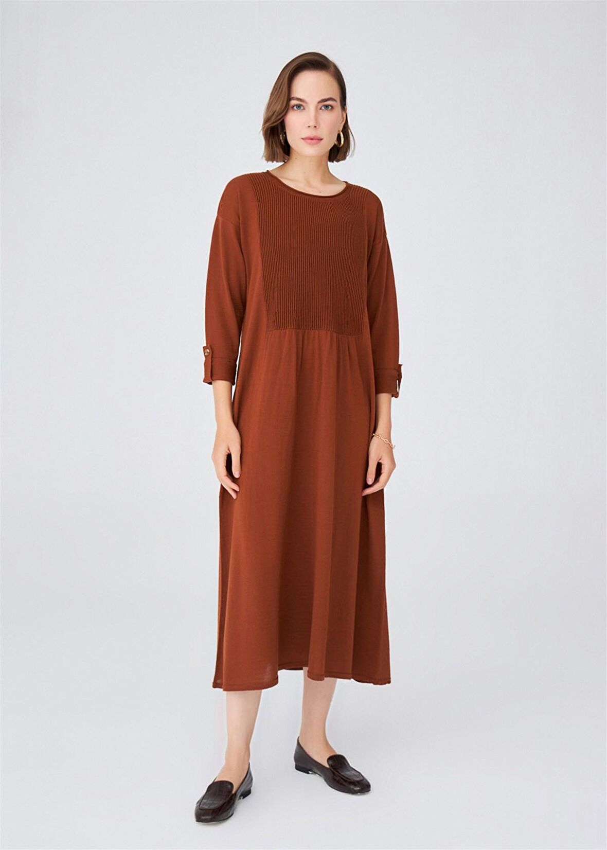 Peraluna Bol Kesim Uzun Kadın Triko Elbise Kahve
