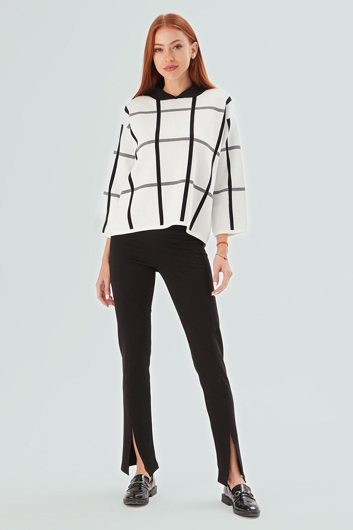 Peraluna GEMMA BLOUSE Bebe Yaka Geometrik Desenli Kadın Triko Bluz Ekru/Siyah