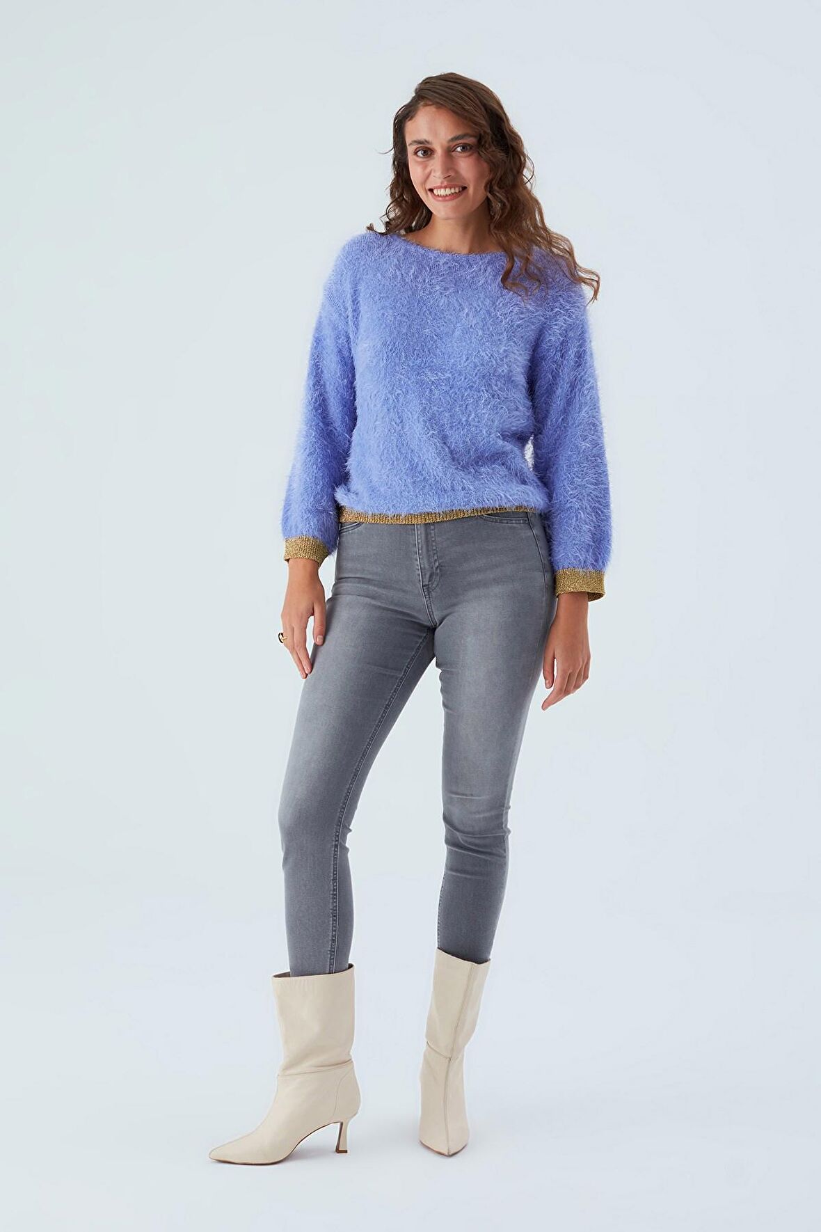 Peraluna DE VILLE PULLOVER Kol ve Etek Ucu Simli Kadın Triko Kazak Lila