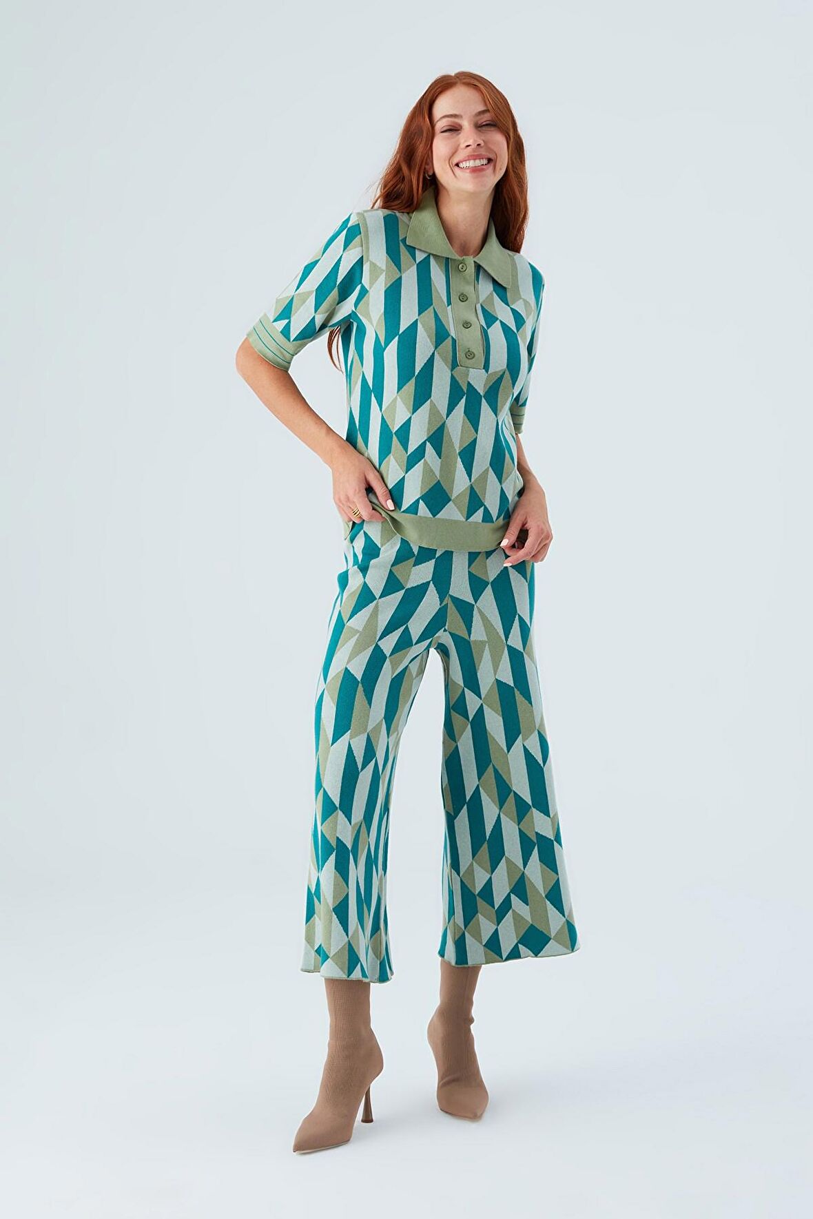 Peraluna LENA TROUSER %100 Pamuk Geometrik Retro Desenli Kadın Triko Pantolon Multi Yeşil