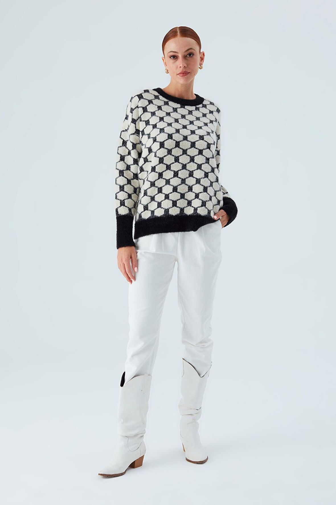 Peraluna DONNA PULLOVER Petek Desenli Kadın Triko Kazak Siyah/Ekru