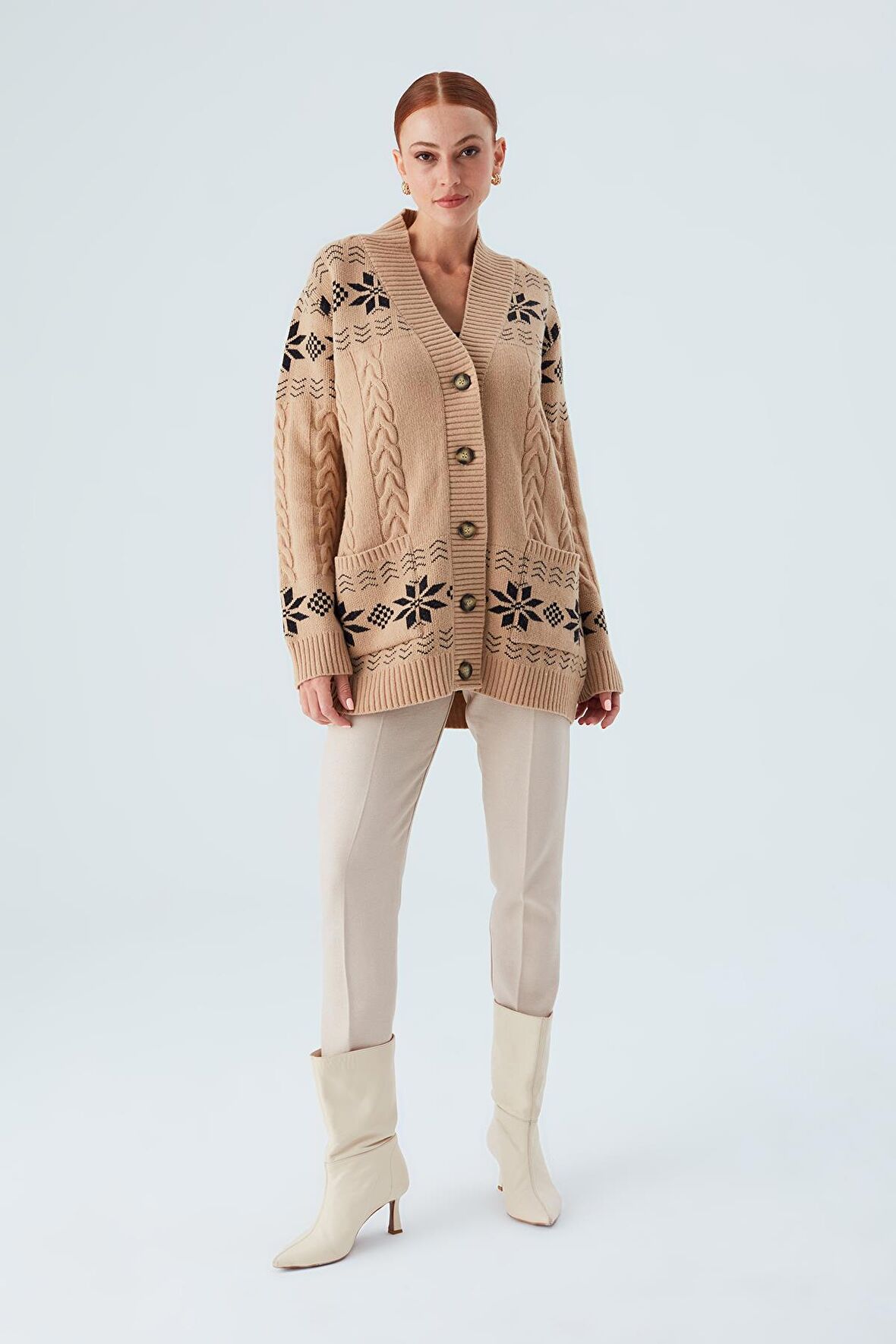 Peraluna IVORY CARDIGAN Jakarlı Cepli Uzun Kadın Triko Hırka Camel