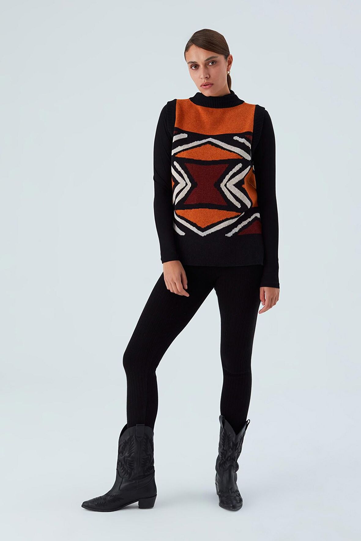 Peraluna KENDA VEST Etnik Jakar Desenli Yanları Yırtmaçlı Kadın Triko Süveter Multi