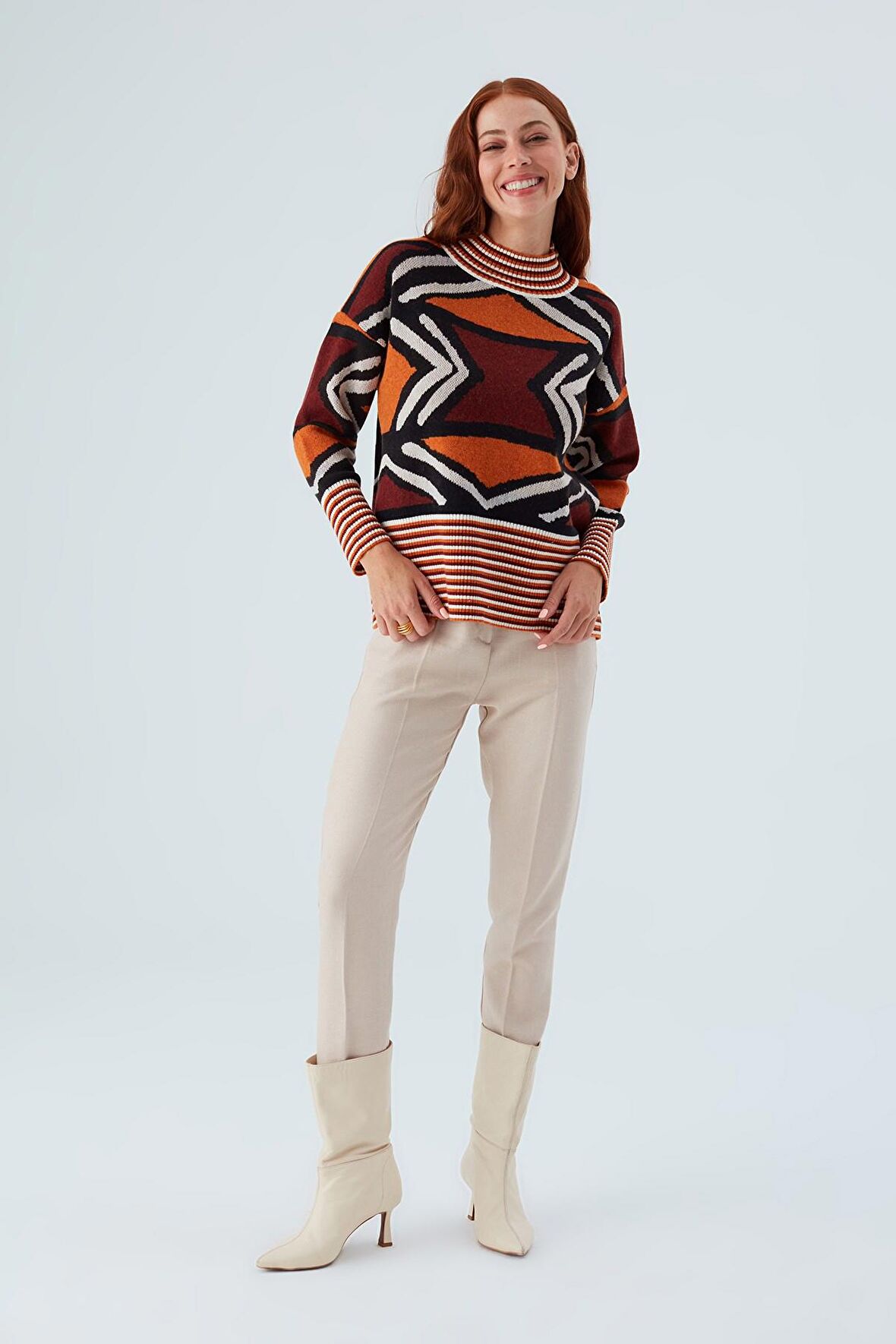 Peraluna KENDA PULLOVER Etnik Jakar Desenli Yünlü Krop Kadın Triko Kazak Multi