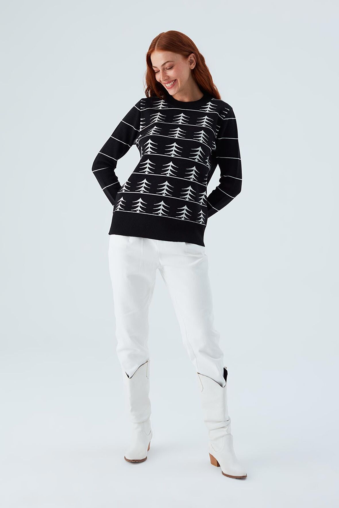 Peraluna GEMINI PULLOVER Ağaç Desenli Standart Kesim Kadın Triko Kazak Siyah/Ekru