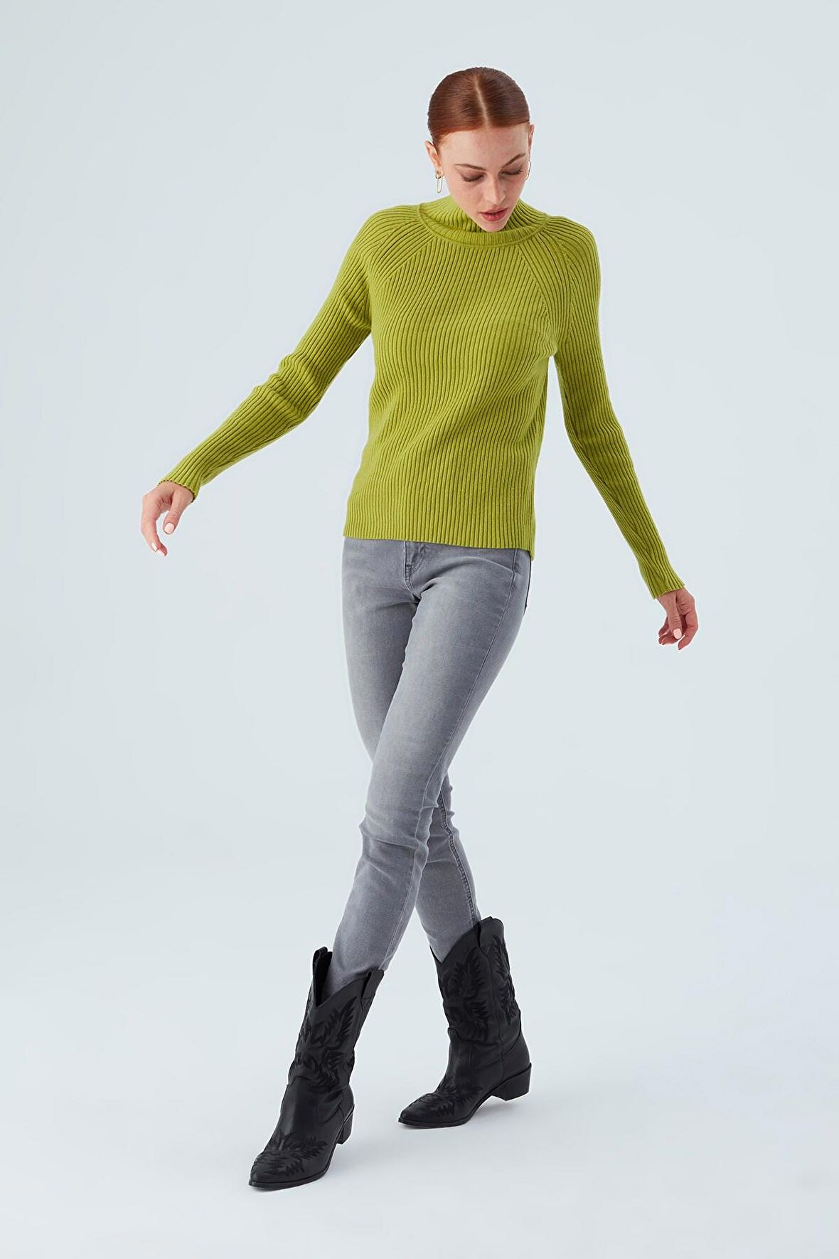 Peraluna Fit Kalıp Balıkçı Yaka Kaşmir Karışım Kadın Triko Kazak Yeşil