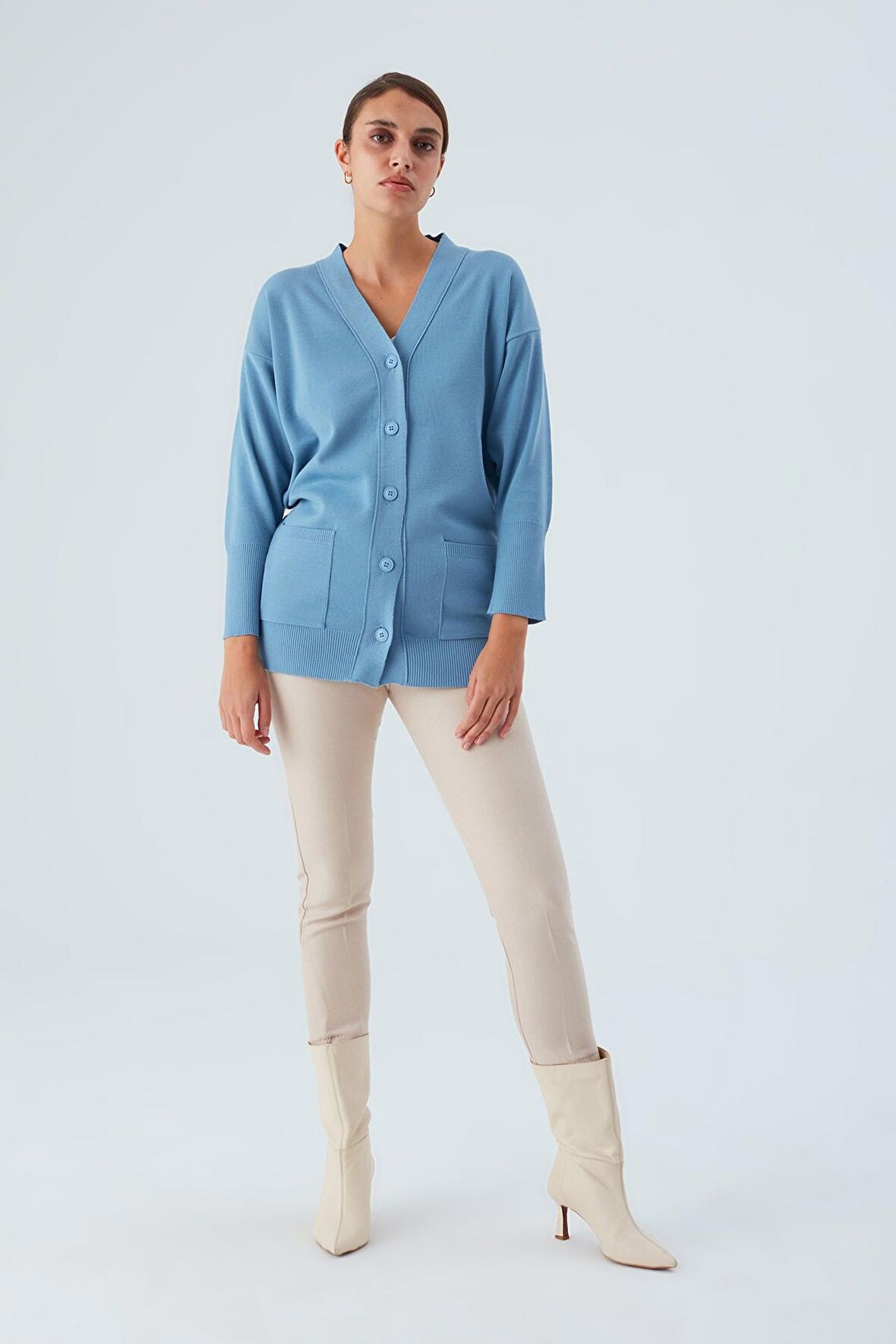 Peraluna Cepli Klasik Kesim V Yaka Uzun Kadın Triko Hırka Mavi