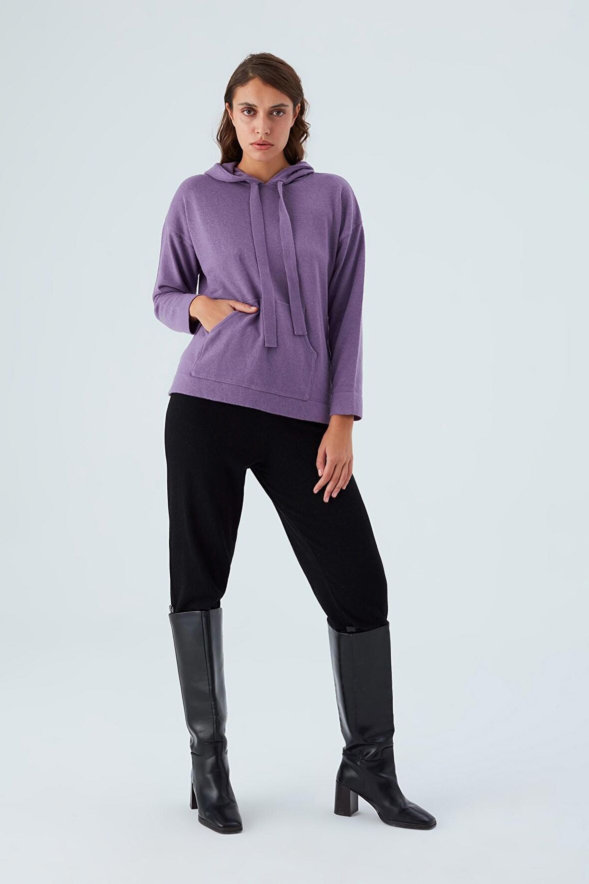Peraluna Kaşmir Karışım Kapüşonlu Bol Kesim Kadın Triko Kazak Koyu Lila