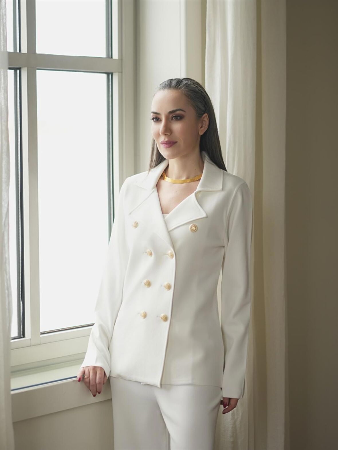 Styleboom X Peraluna KATHERINE BLAZER Çelik Örgü Klasik Kesim Düğmeli Blazer Kadın Triko Ceket Ekru
