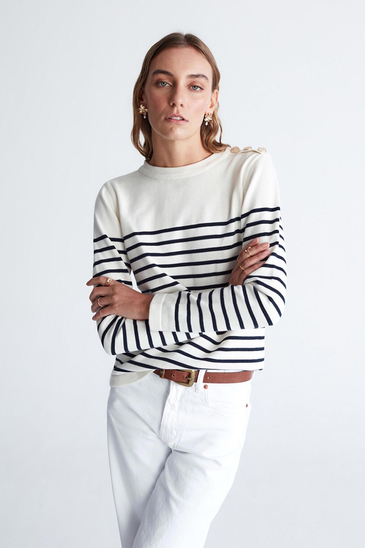 Styleboom X Peraluna AUDREY PULLOVER Omzu Düğmeli Çizgili Organik Pamuk Mevsimlik Kadın Triko Kazak Ekru/Lacivert