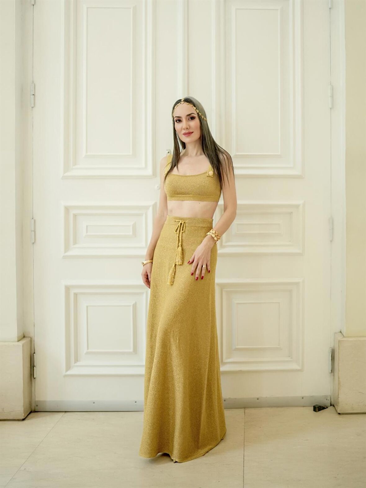 Styleboom X Peraluna MARILYN SKIRT Simli Maxi Boy Beli Bağcıklı Kadın Triko Etek Altın