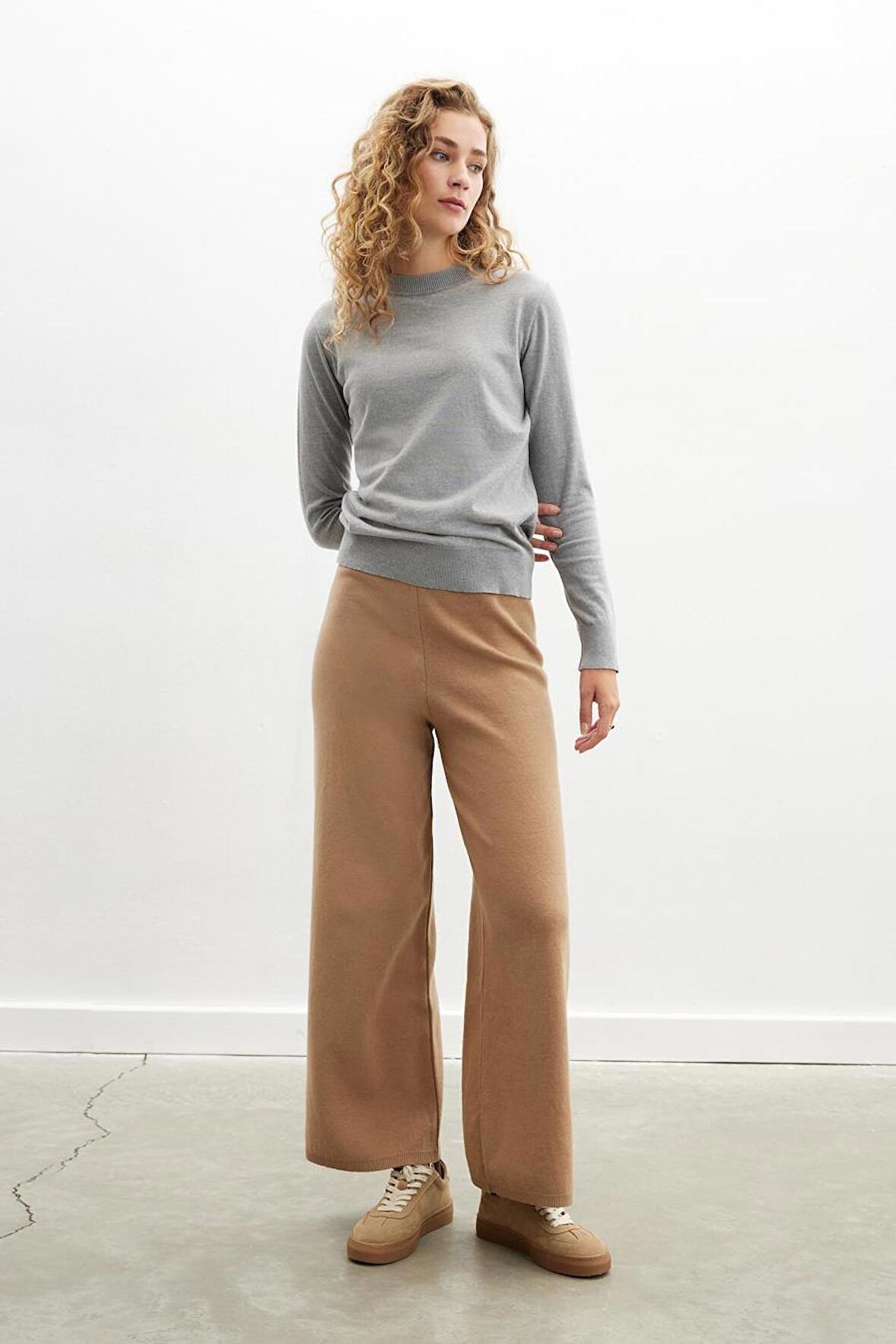 Peraluna DENISE TROUSER Rahat Kalıp Pamuk-Yün Karşım Kadın Triko Pantolon - Camel