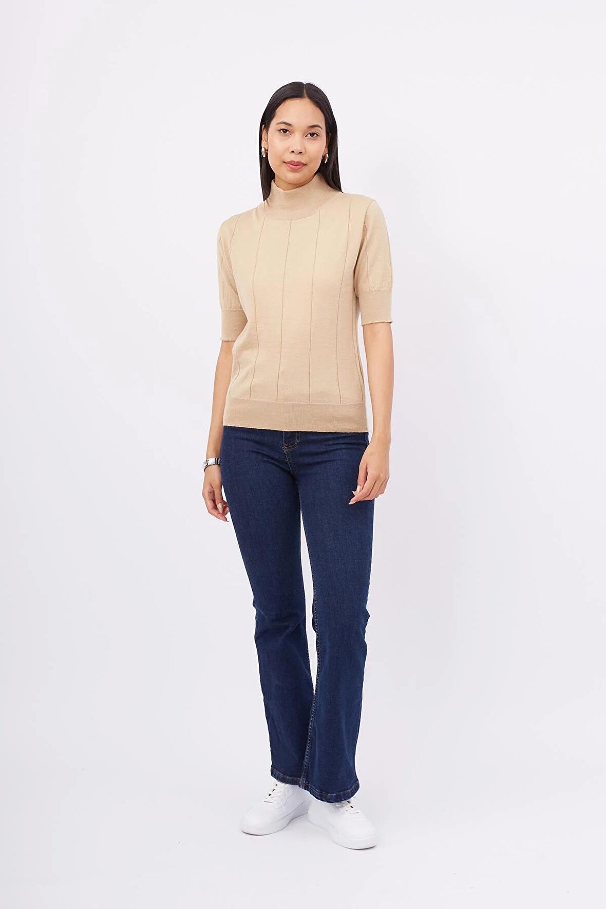 Peraluna BETTY BLOUSE Balıkçı Yaka Kısa Kollu İnce Basic Kadın Triko Bluz - Bej